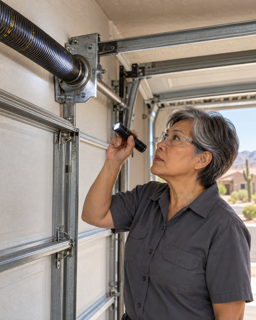 Garage door technician inspecting a torsion spring system at a Buckeye, Arizona home