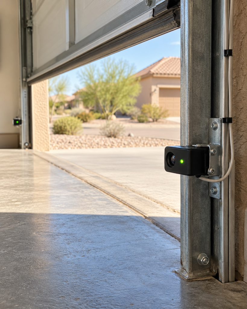 Garage door safety sensor being checked in bright sunlight at a Buckeye, Arizona home