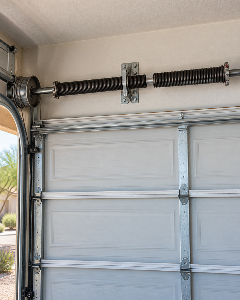 Broken torsion spring above a residential garage door in Buckeye, Arizona