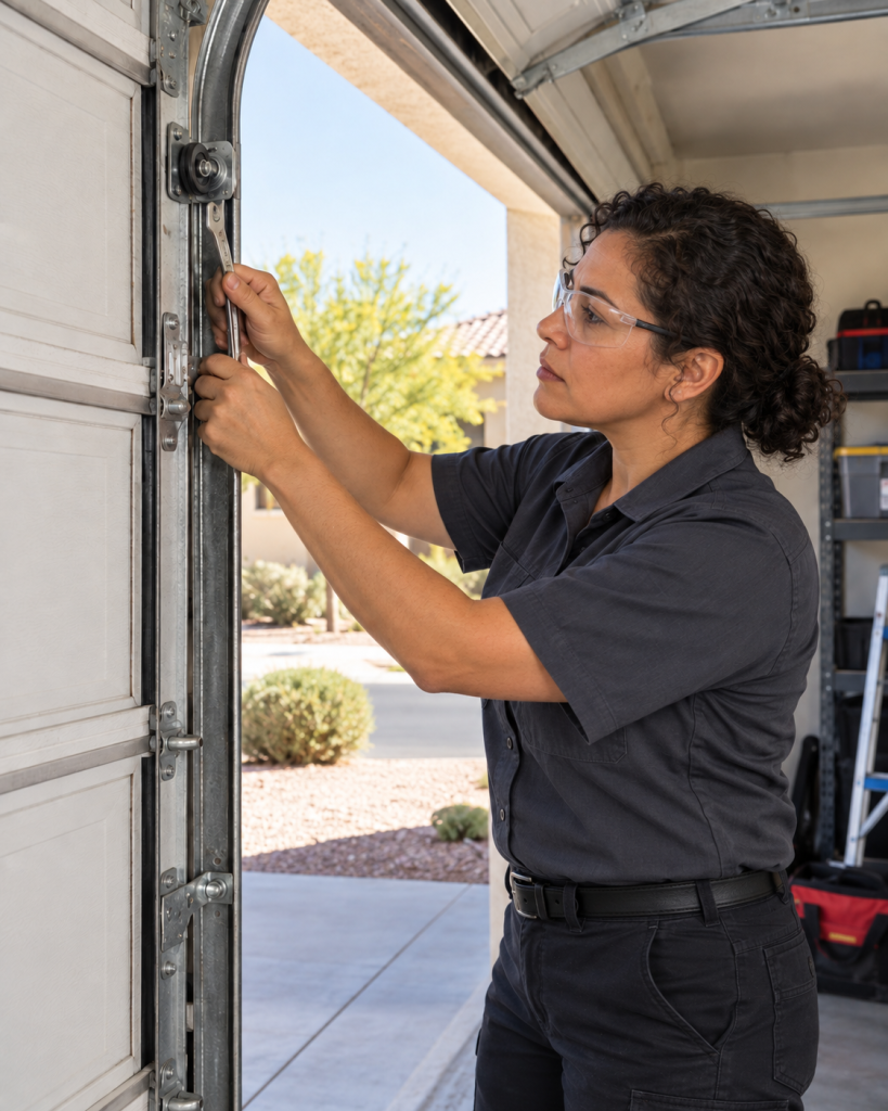 Garage door technician adjusting a roller and track at a Buckeye, Arizona home