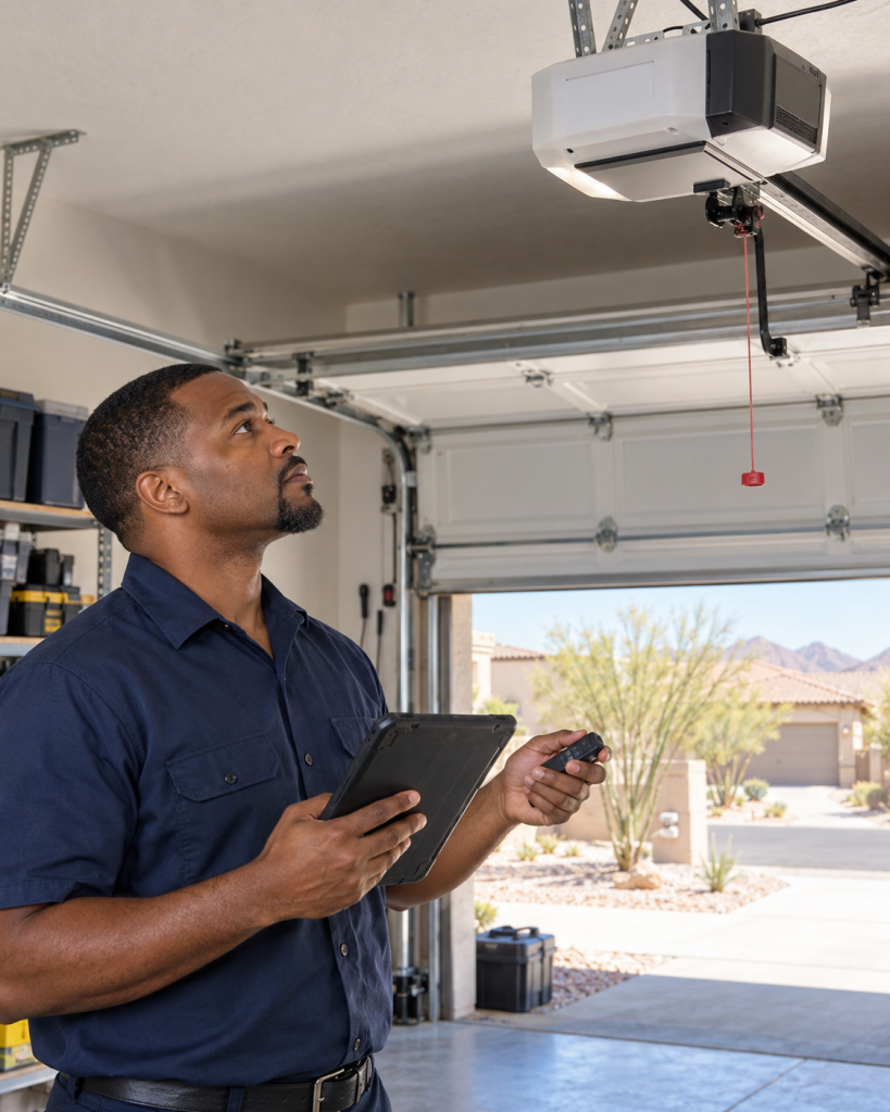 Garage door technician diagnosing a ceiling-mounted opener at a Buckeye, Arizona home