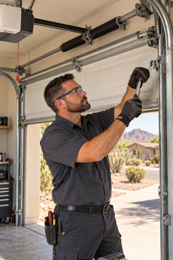 Garage door technician repairing a residential door track in Buckeye, Arizona