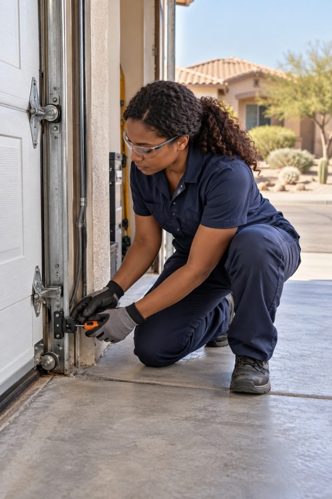 Garage door repair professional with tools