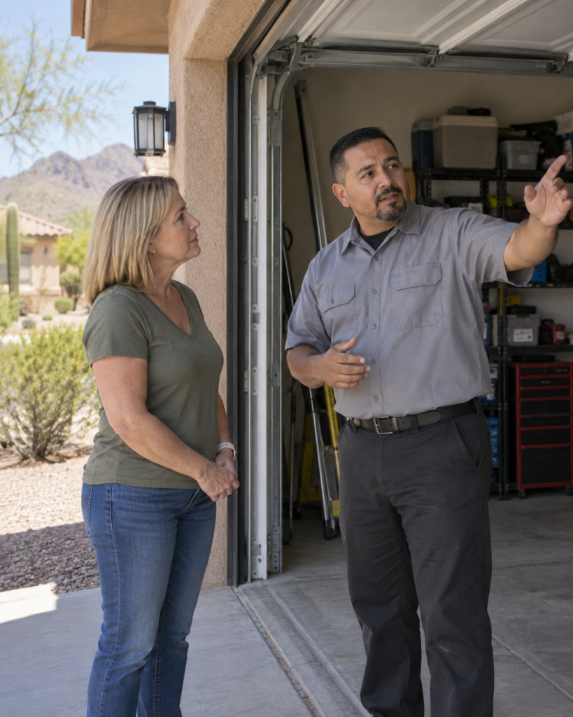 Garage door professional discussing an inspection with a Buckeye, Arizona homeowner