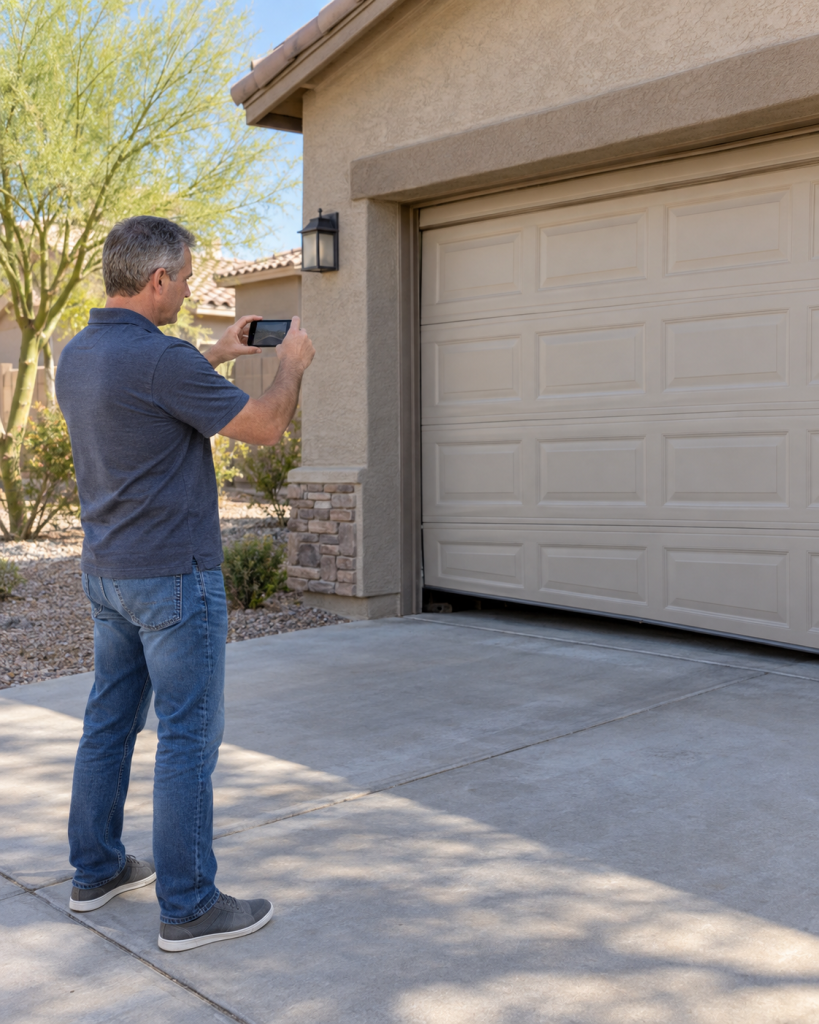Buckeye homeowner photographing a garage door problem before requesting service